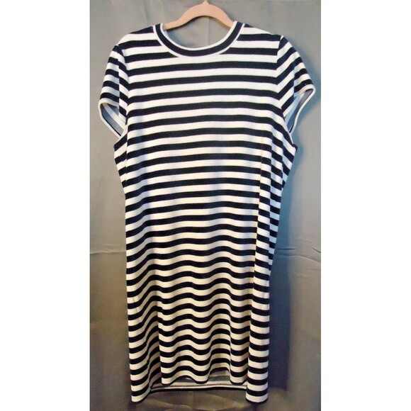 Madewell Striped Velour T-Shirt Dress Size Large Navy/white Short Sleeve - Picture 2 of 9